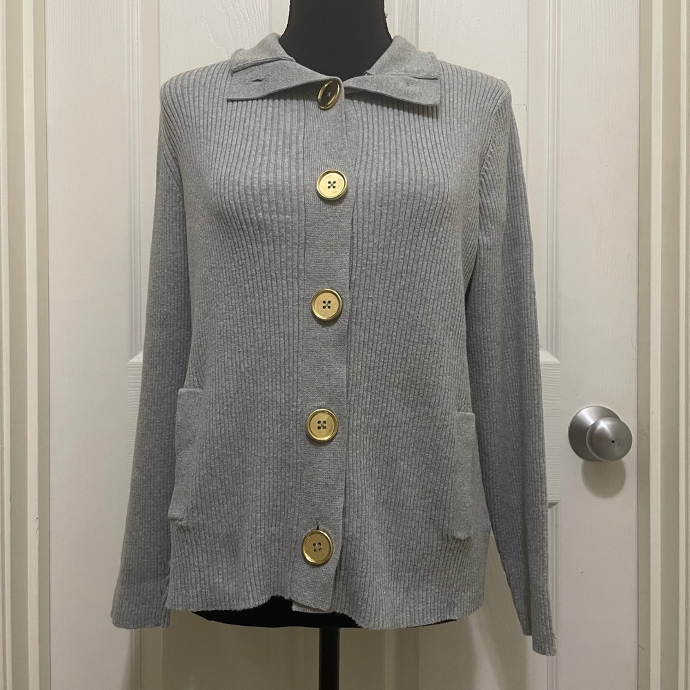 Charter Club Ribbed Knit Cardigan Sweater Gray Gold‎ Button Cotton Blend X-Large